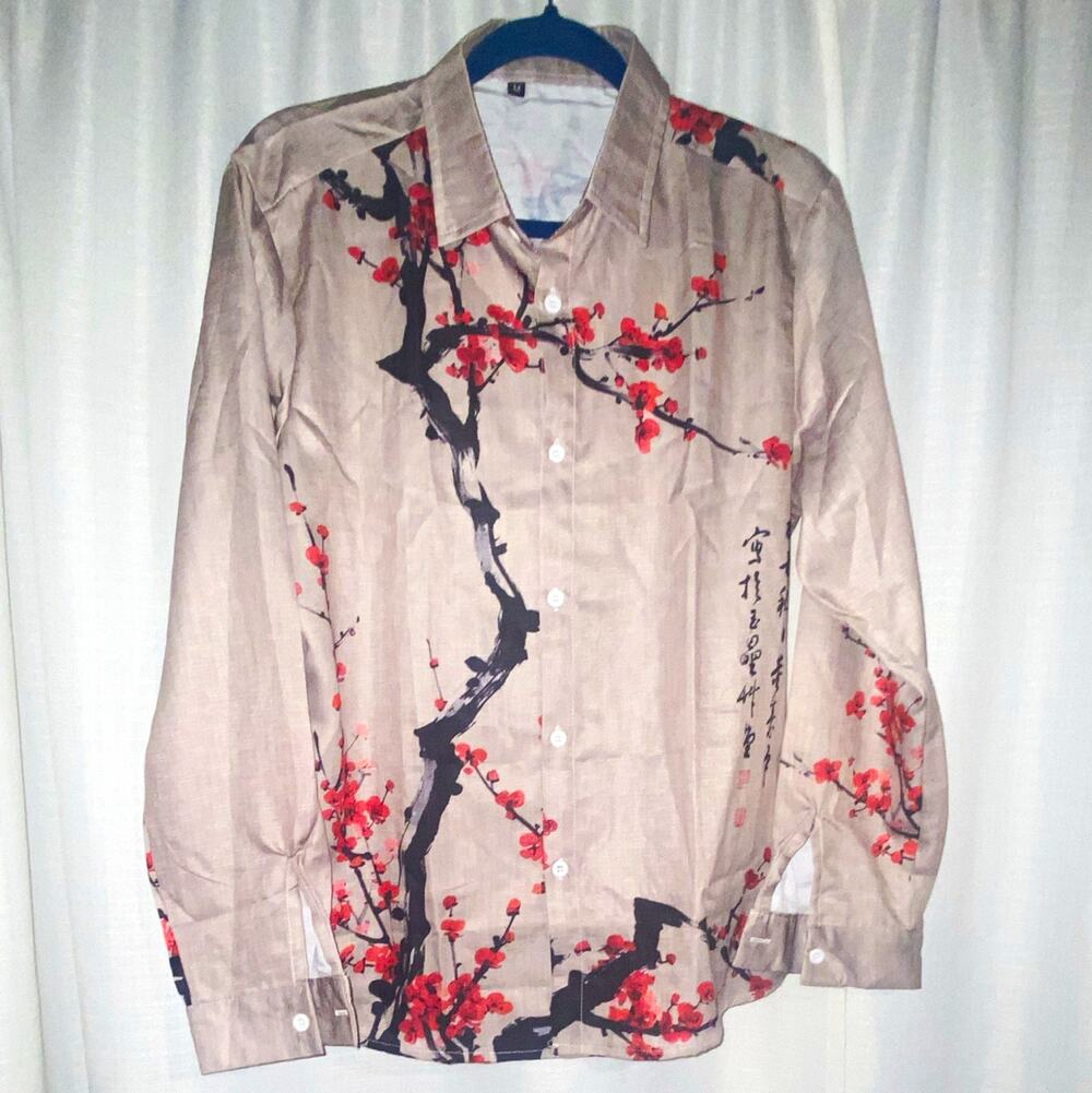Men's M Regular Linen Woven Beige Floral Button-Up Long Sleeve Point Collar